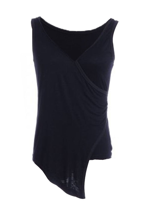 Camiseta sin mangas negra con escote en V, dobladillo irregular y largo cruzado en punta en la parte delantera, talla S/M