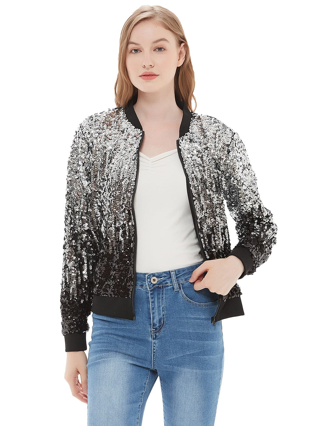 Sequin Bomber Zip-Up Jacket