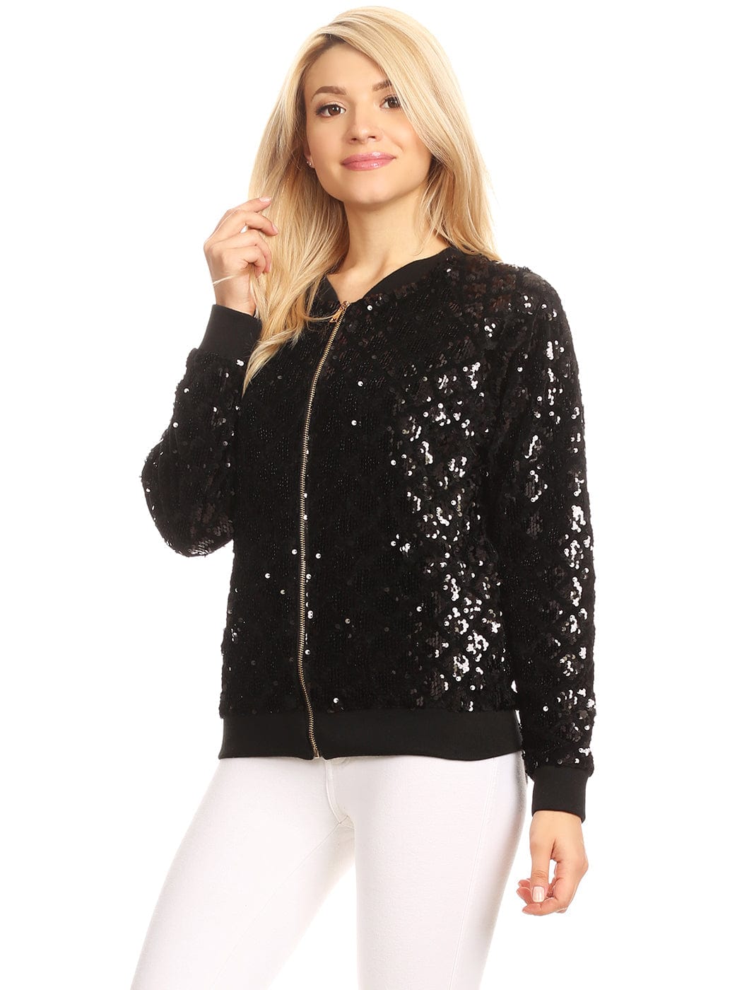 Sequin Bomber Zip-Up Jacket