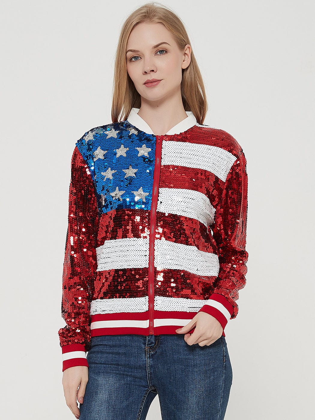 Sequin Bomber Zip-Up Jacket