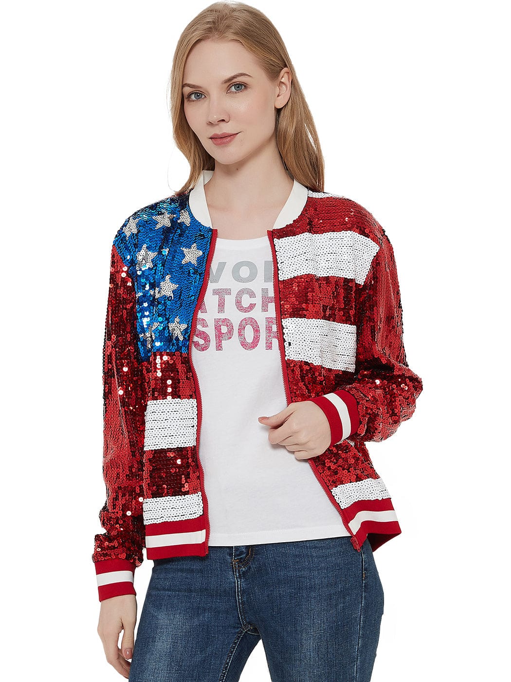 Sequin Bomber Zip-Up Jacket