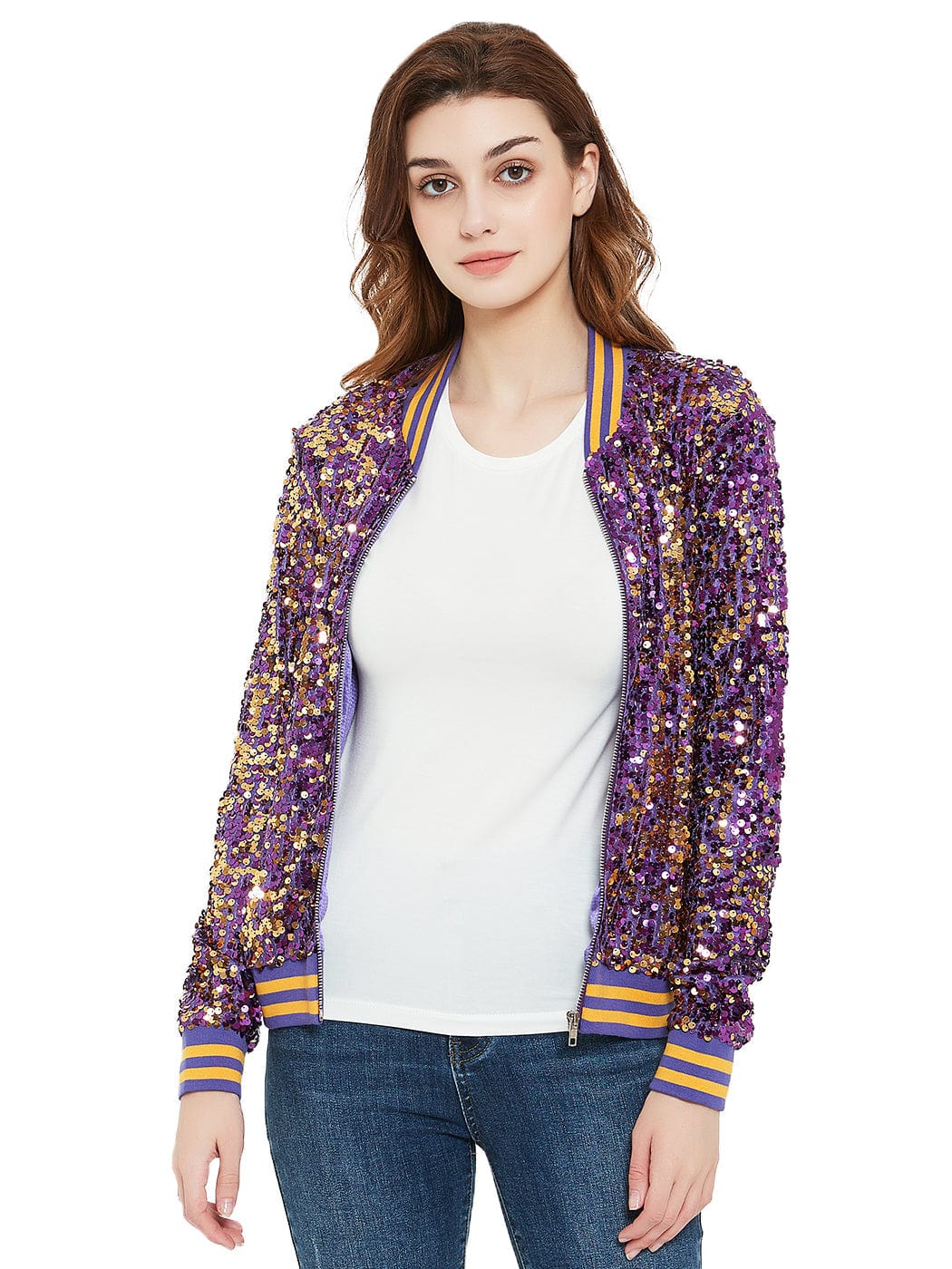 Sequin Bomber Zip-Up Jacket