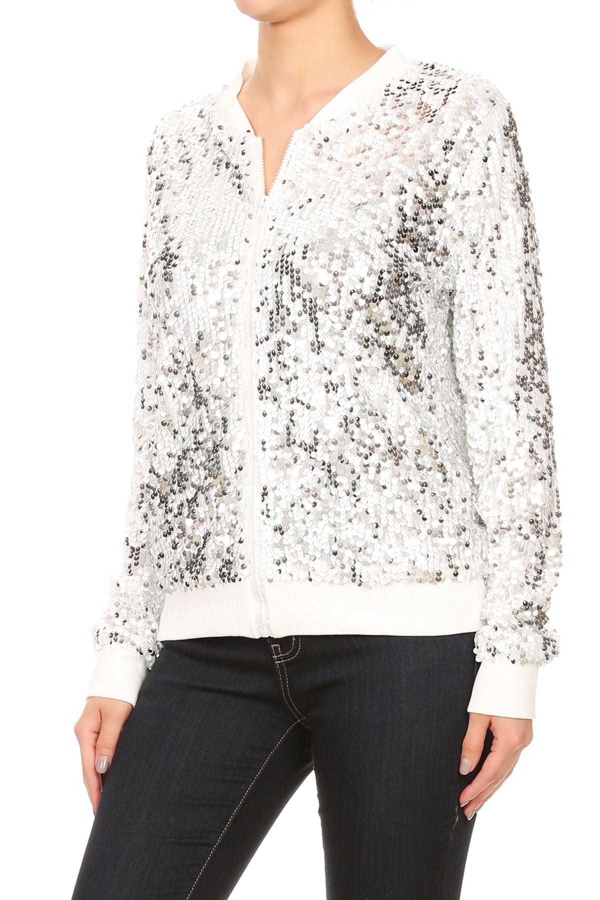 Sequin Bomber Zip-Up Jacket