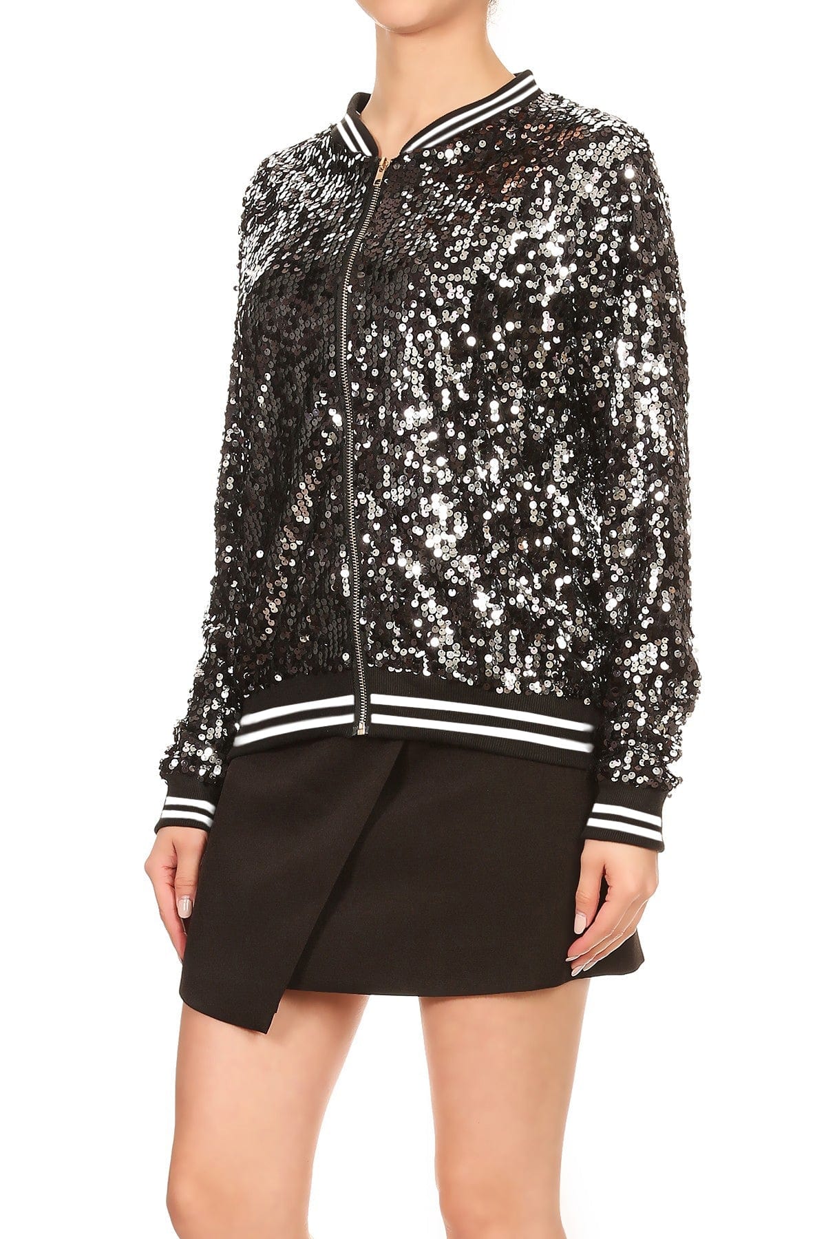 Sequin Bomber Zip-Up Jacket