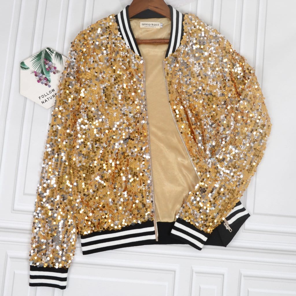 Sequin Bomber Zip-Up Jacket