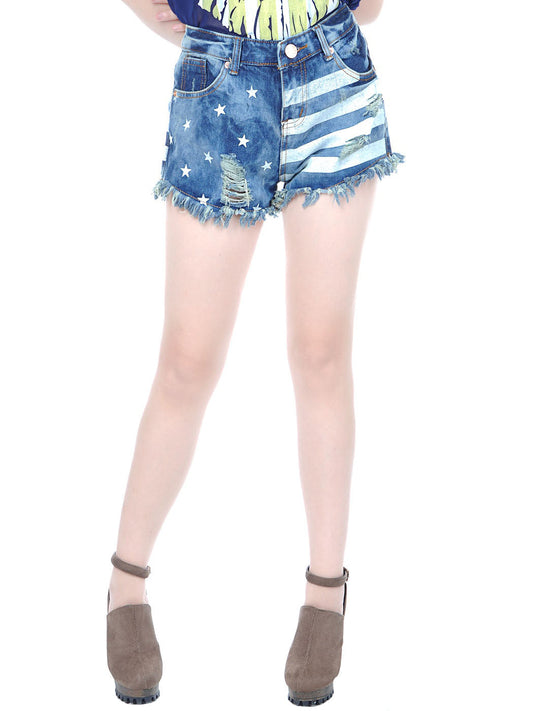 Pantalones cortos desgastados con estrellas y rayas desgastadas en azul gloria descolorida, talla S/M