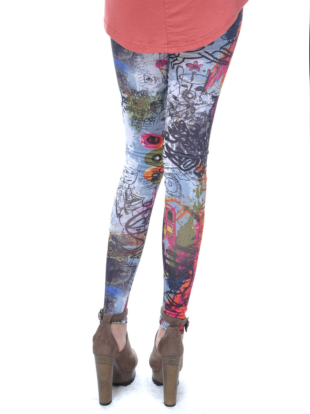Pantalones largos ajustados multicolores con grafiti para mujer