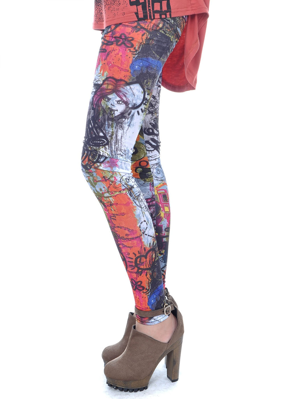 Pantalones largos ajustados multicolores con grafiti para mujer