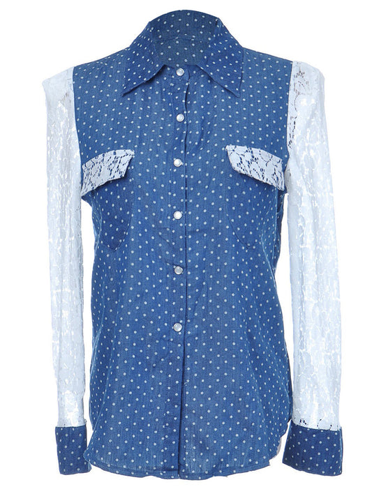 Blusa de mujer de mezclilla azul con estampado de lunares y flores, manga larga y botones