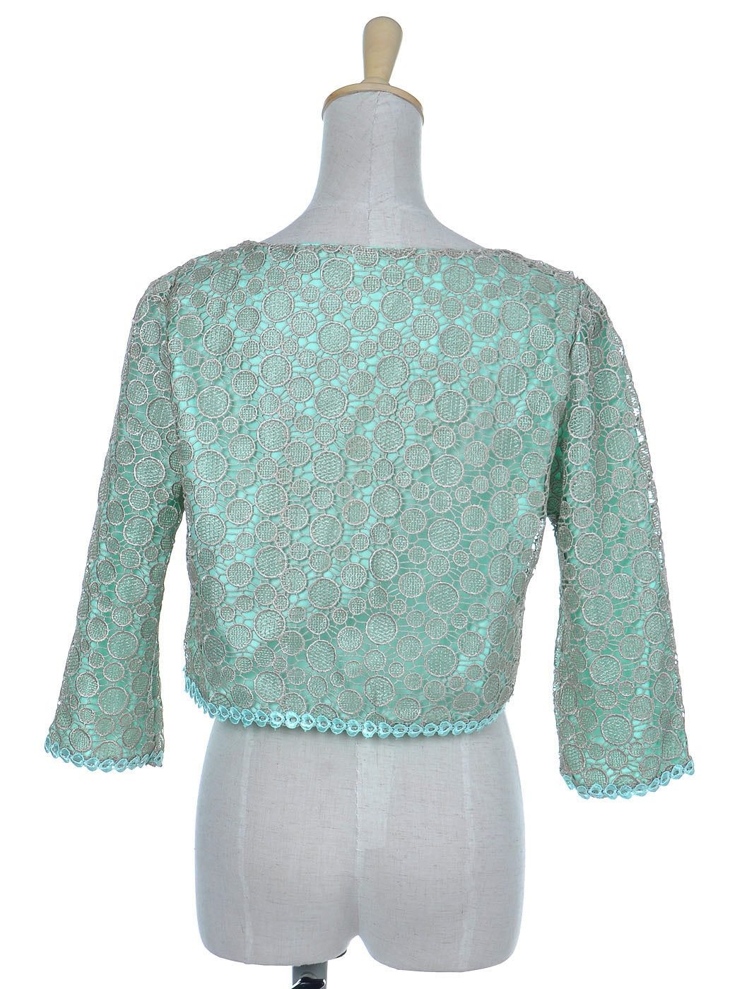 Chaqueta corta de manga larga con ojales redondos de satén vintage azul y verde para mujer