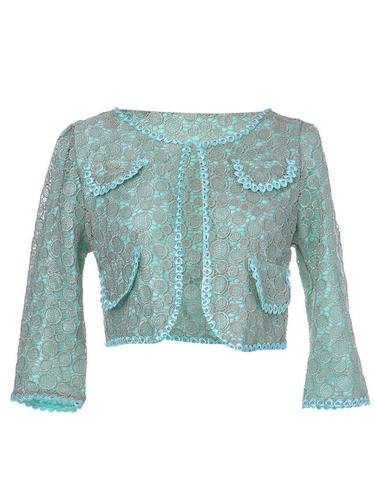 Chaqueta corta de manga larga con ojales redondos de satén vintage azul y verde para mujer