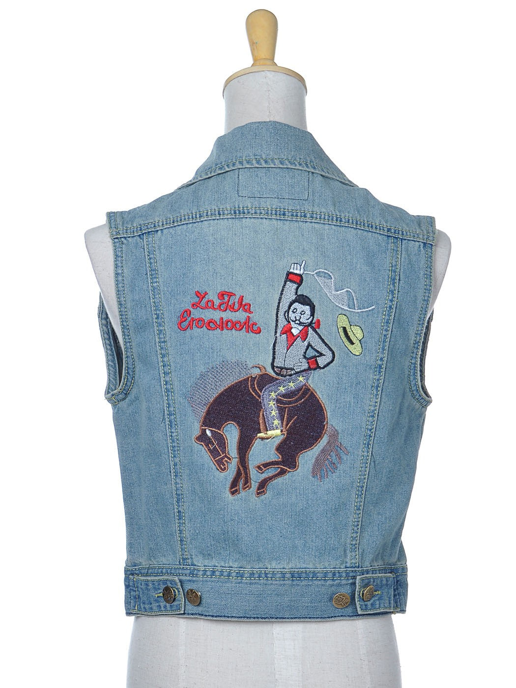 Chaleco corto de mezclilla azul arenado con corte S/M y vaquero de montar en la espalda