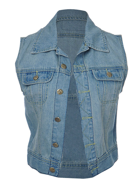 Chaleco corto de mezclilla azul arenado con corte S/M y vaquero de montar en la espalda