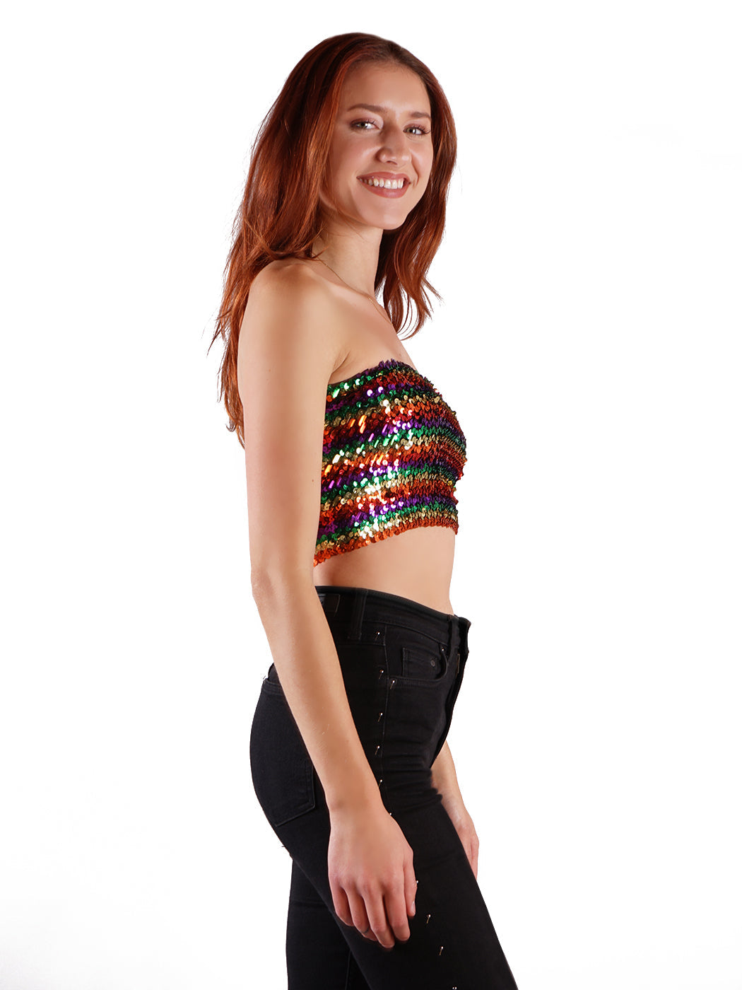 Bandeau sin tirantes con lentejuelas y purpurina