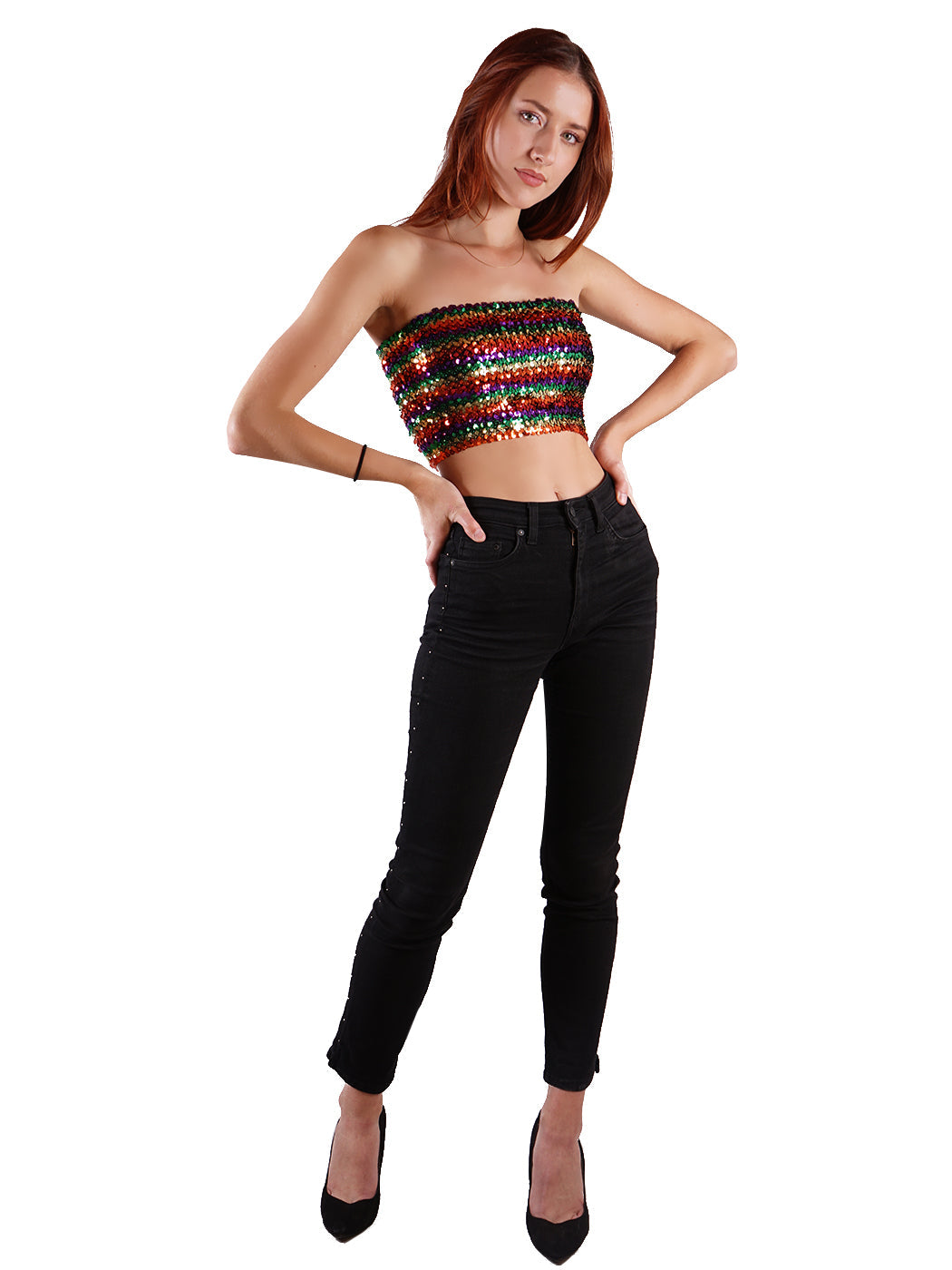 Bandeau sin tirantes con lentejuelas y purpurina