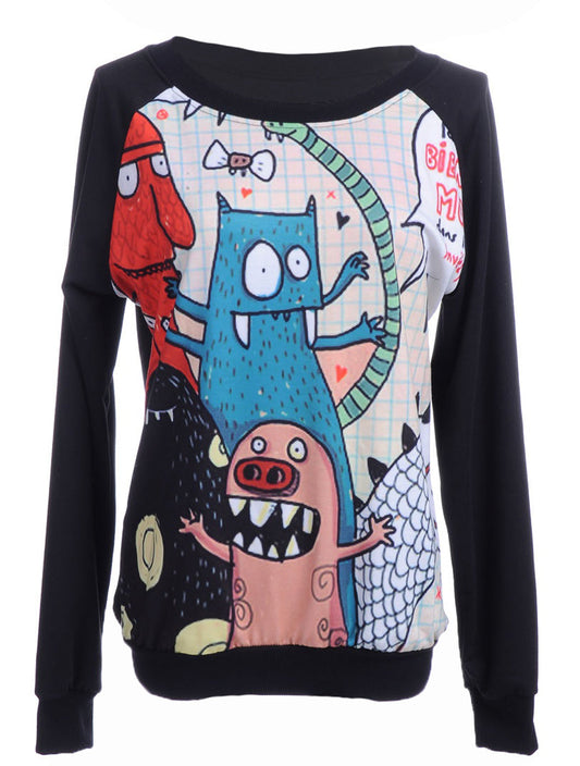 Suéter con estampado frontal de monstruos de fiesta, coloridos, lindos y locos, talla S/M, color negro