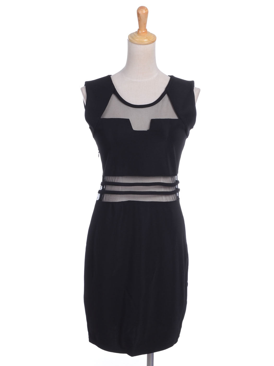 Vestido negro con escote geométrico, mangas cortas y paneles transparentes, talle S/M