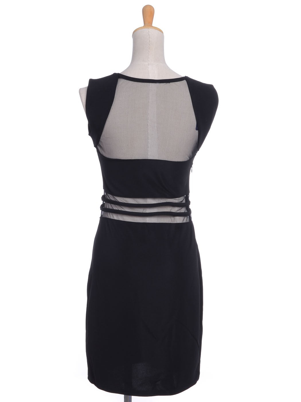 Vestido negro con escote geométrico, mangas cortas y paneles transparentes, talle S/M