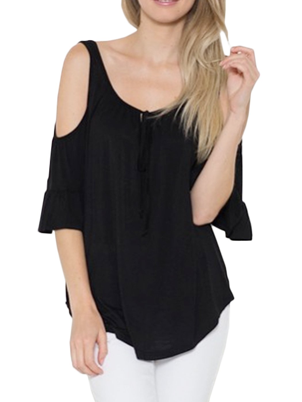Blusa suelta con hombros descubiertos y lazo