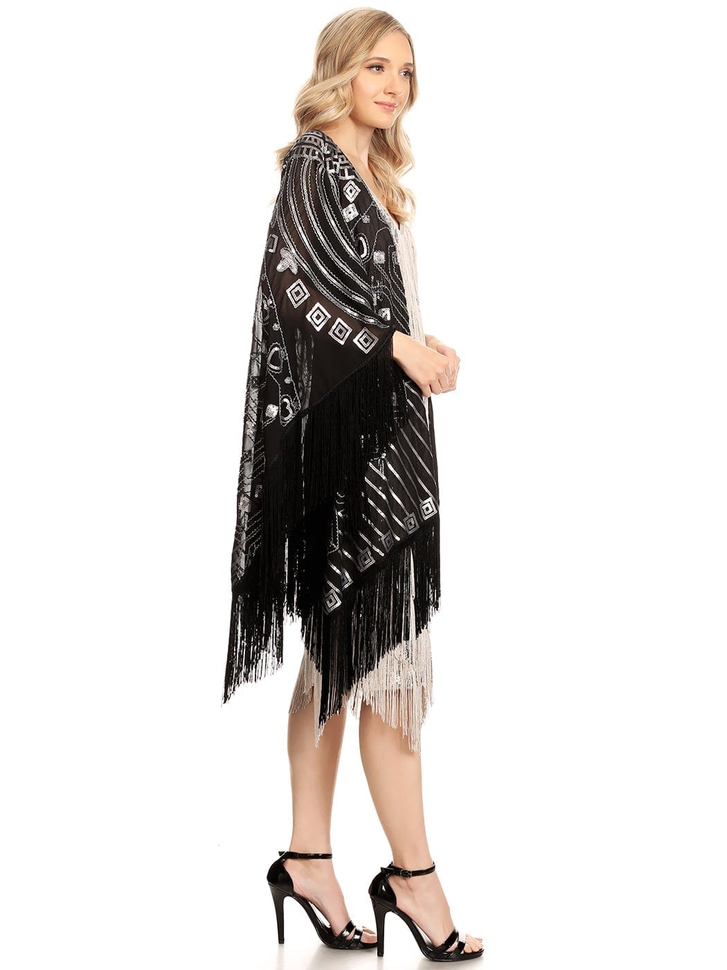 Anna-Kaci Womens Oversize Hand Beaded Fringed Sequin Evening Shawl Wrap