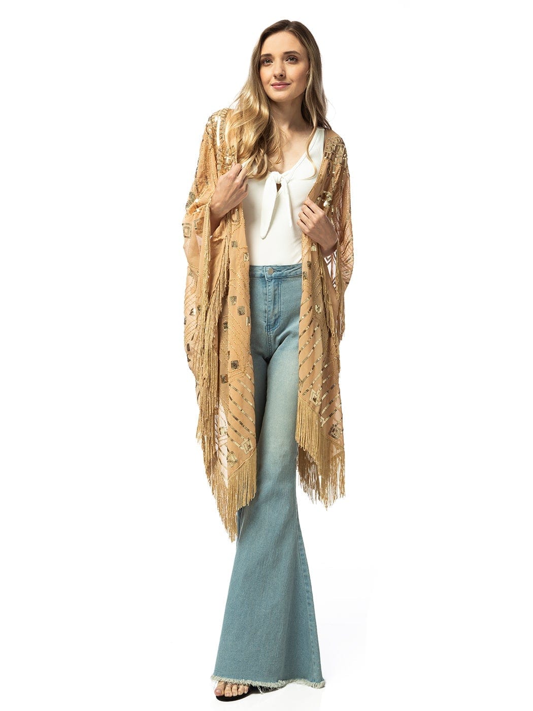 Anna-Kaci Womens Oversize Hand Beaded Fringed Sequin Evening Shawl Wrap