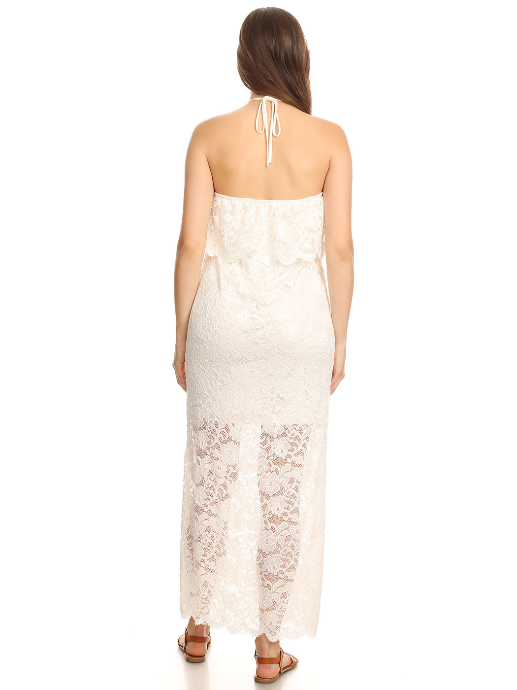 Vestido largo convertible de encaje blanco sin tirantes y con cuello halter para mujer