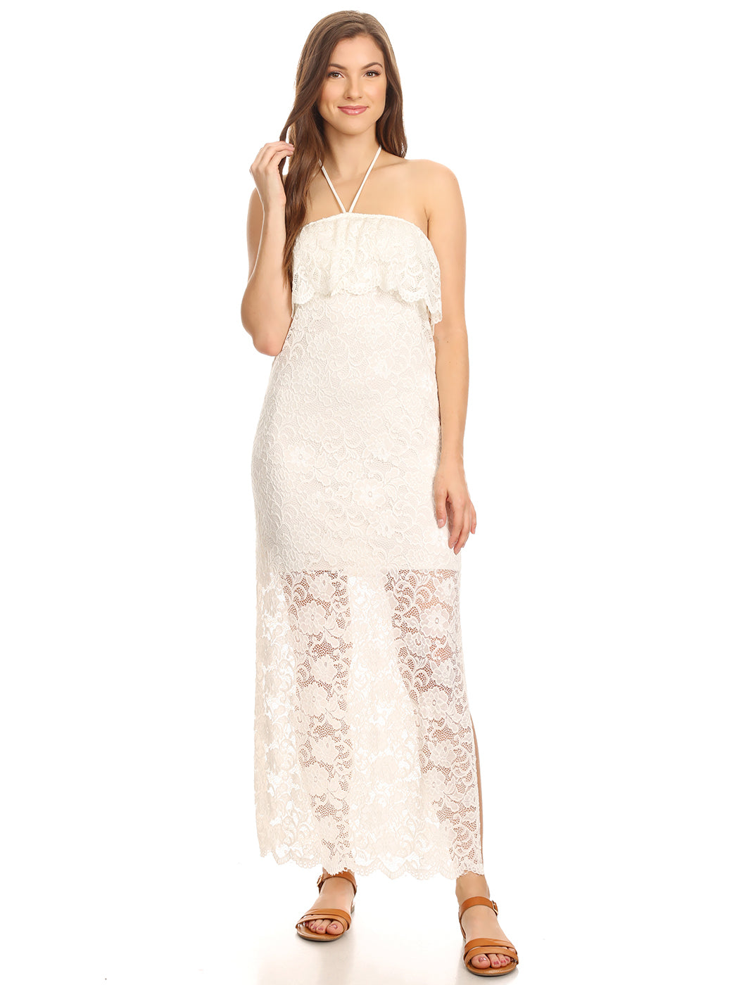 Vestido largo convertible de encaje blanco sin tirantes y con cuello halter para mujer