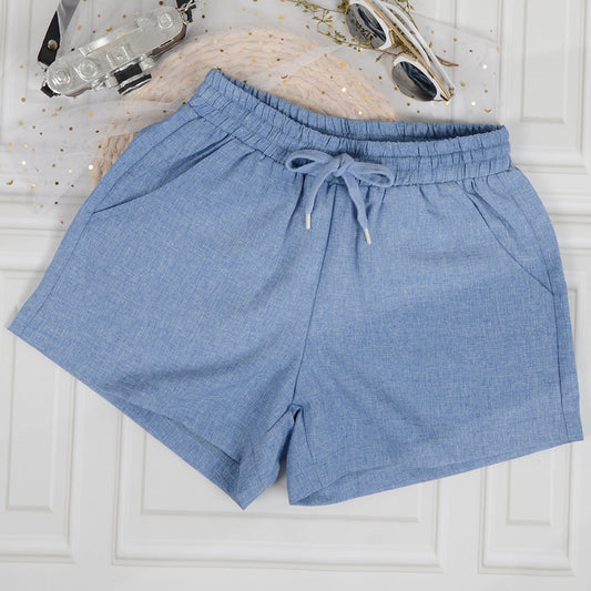Pantalones cortos de lino elásticos con bolsillos y cordón ajustable