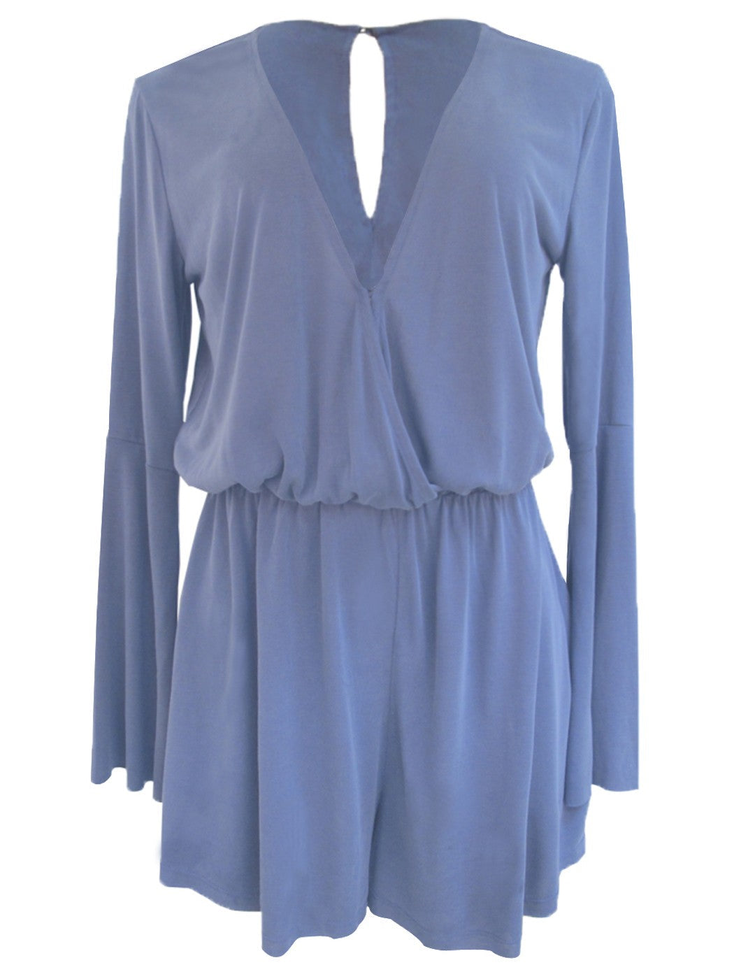 Womens Casual Stretch Long-Sleeve Plunging Deep V-Neck Romper Playsuit