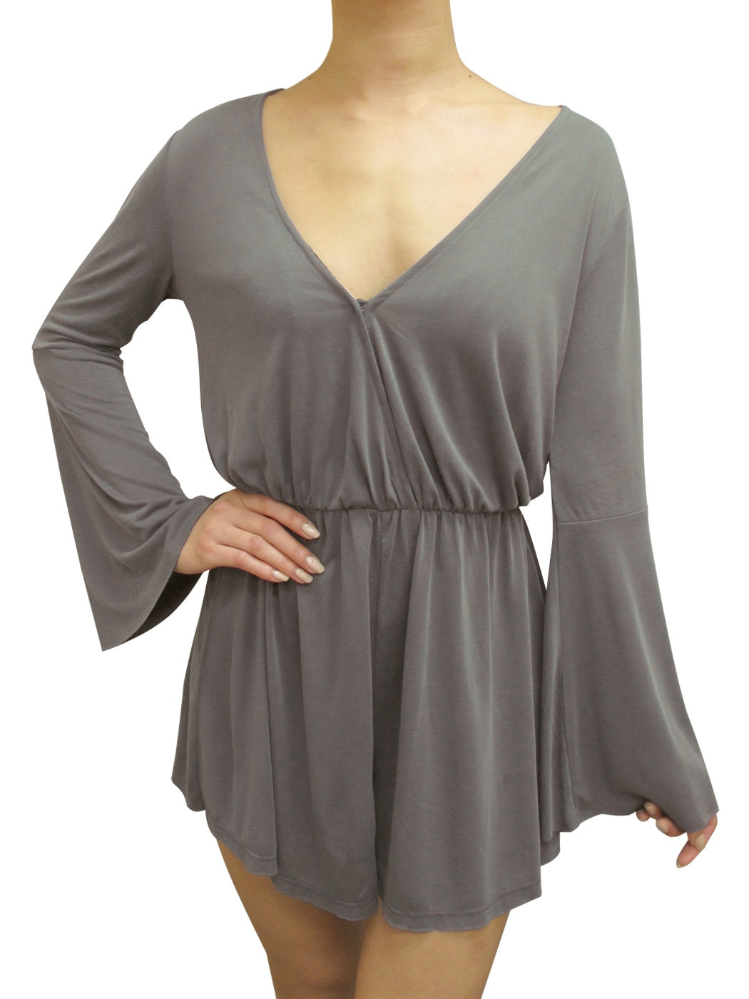 Womens Casual Stretch Long-Sleeve Plunging Deep V-Neck Romper Playsuit