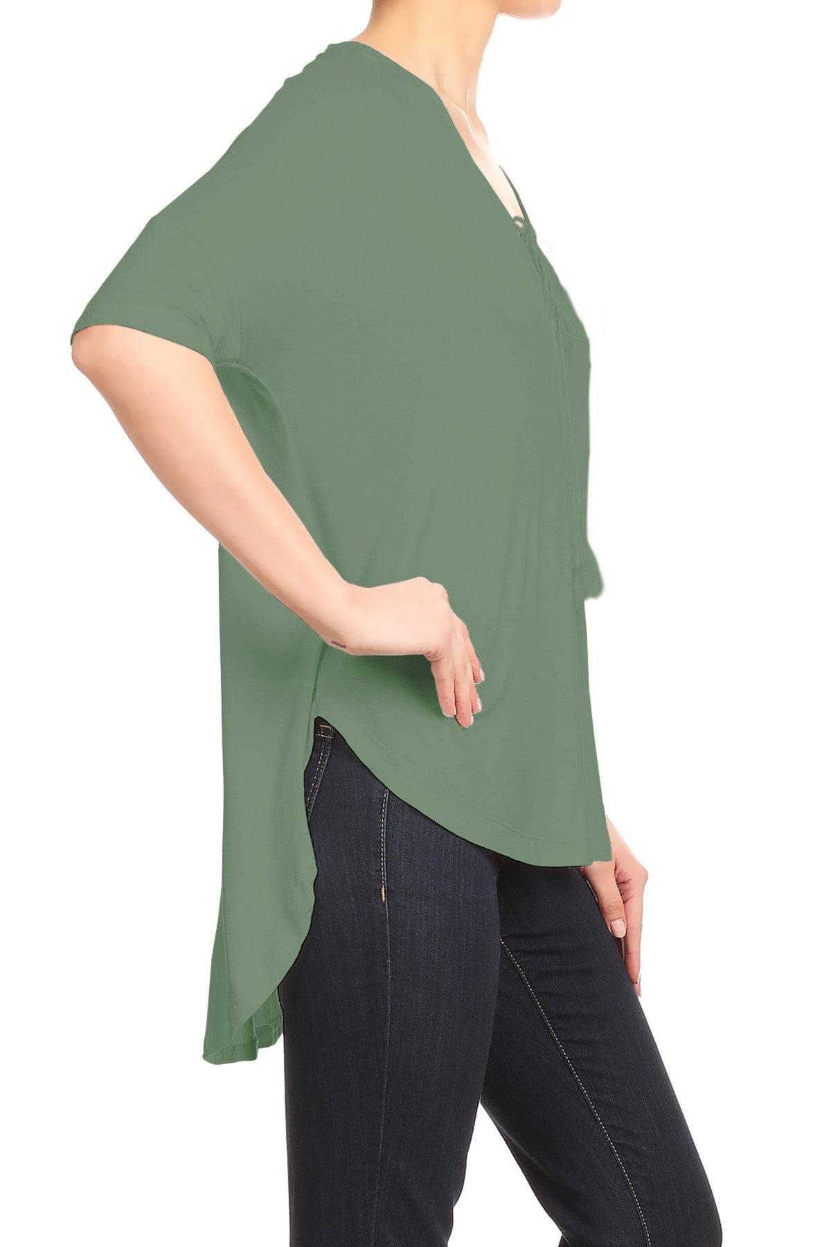 Blusa informal holgada con escote en V y cordones para mujer con mangas cortas estilo dolman