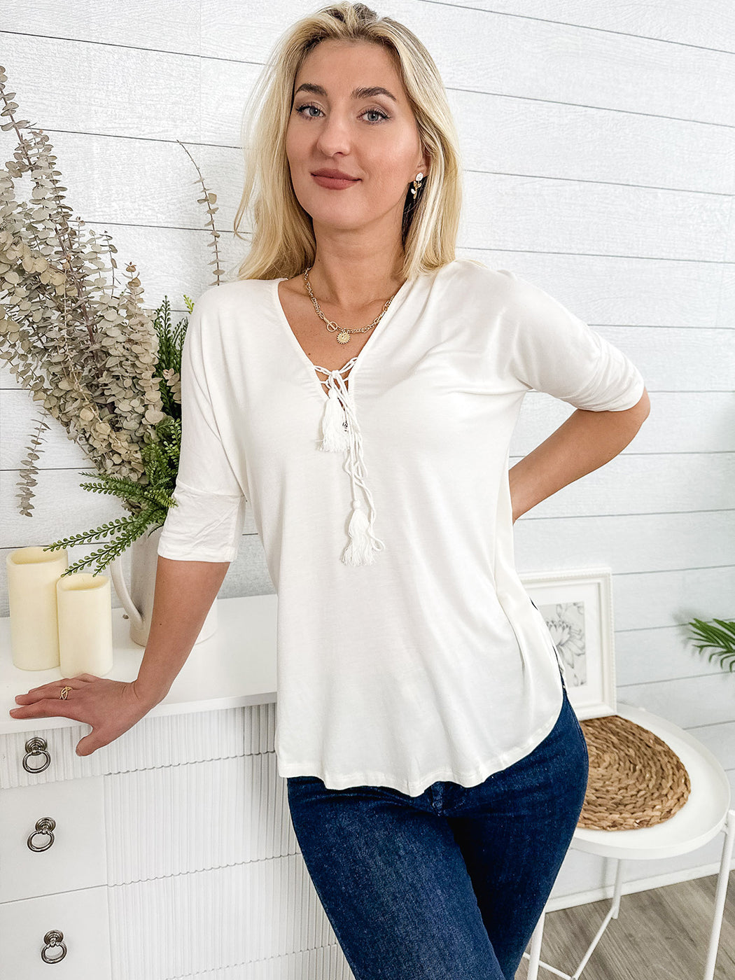 Blusa informal holgada con escote en V y cordones para mujer con mangas cortas estilo dolman