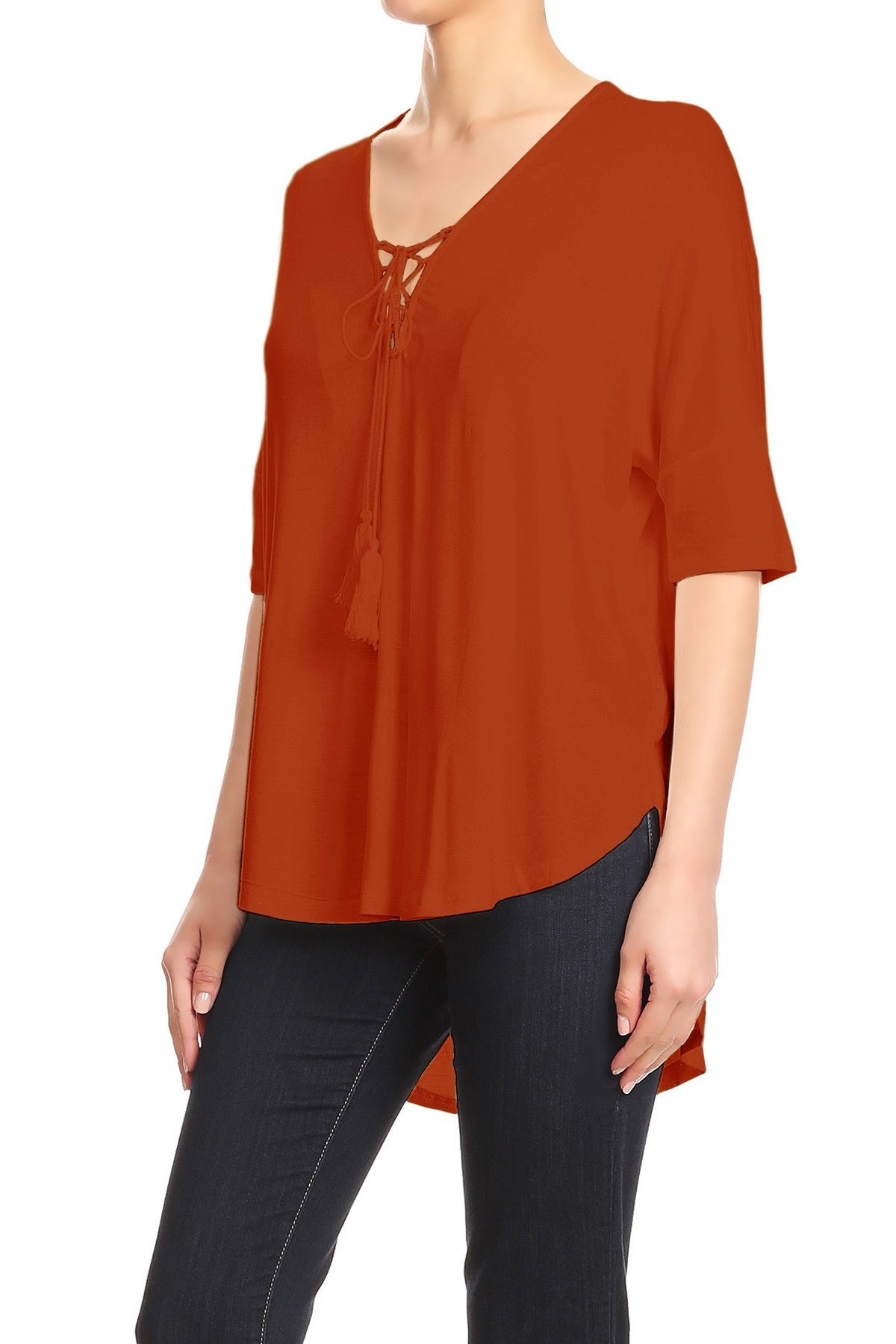 Blusa informal holgada con escote en V y cordones para mujer con mangas cortas estilo dolman