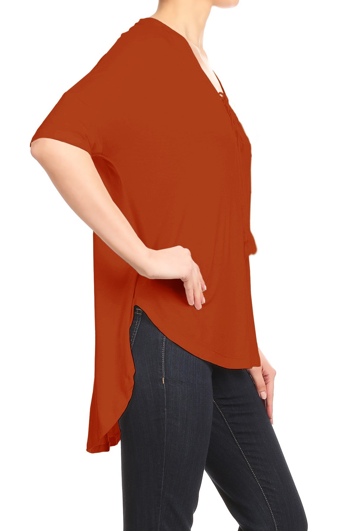 Blusa informal holgada con escote en V y cordones para mujer con mangas cortas estilo dolman