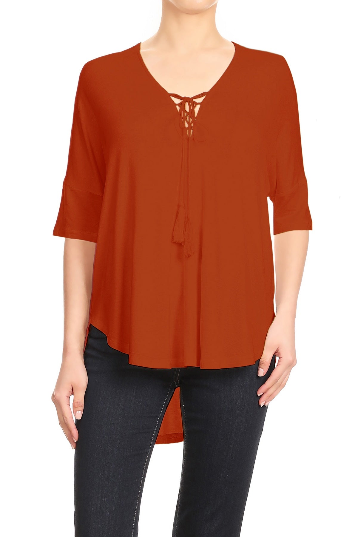 Blusa informal holgada con escote en V y cordones para mujer con mangas cortas estilo dolman
