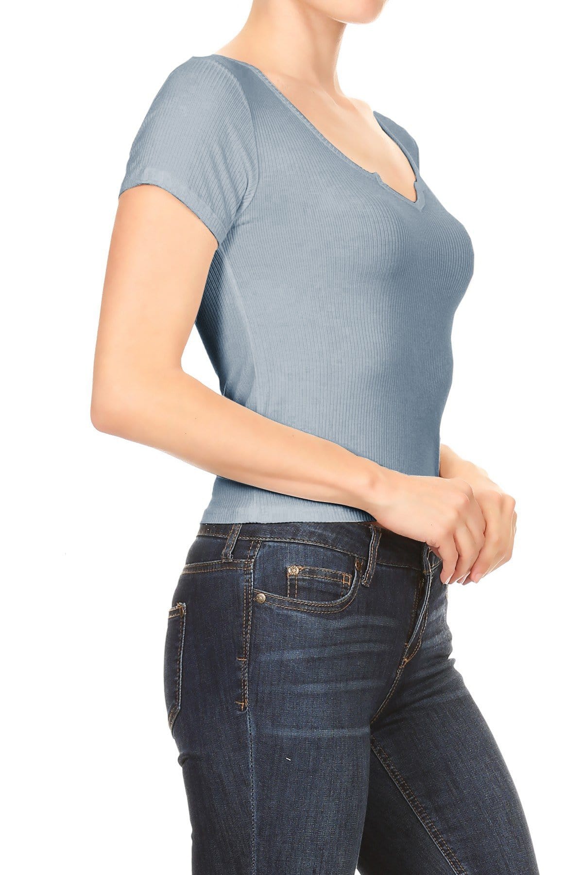 Top corto informal de punto acanalado con cuello en V y manga corta para mujer