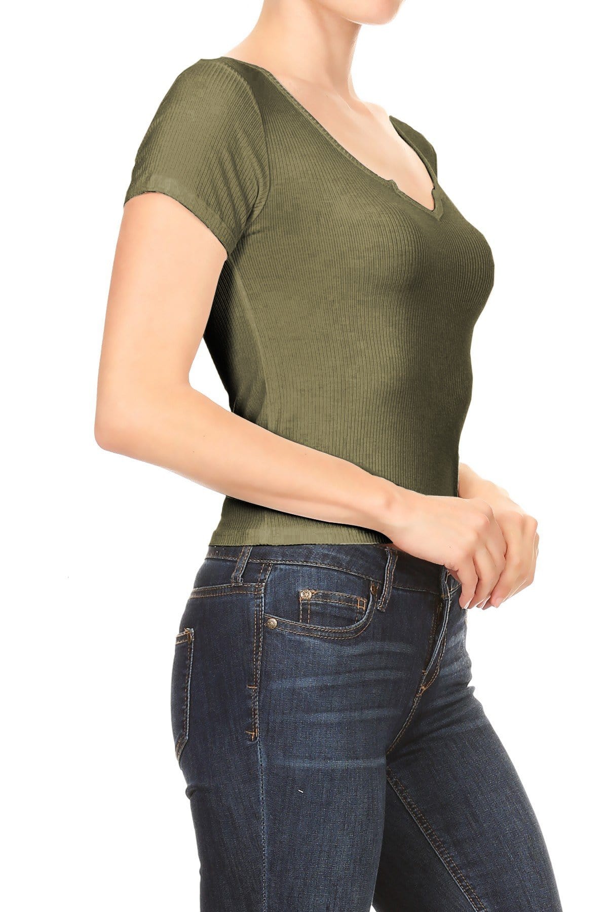 Top corto informal de punto acanalado con cuello en V y manga corta para mujer