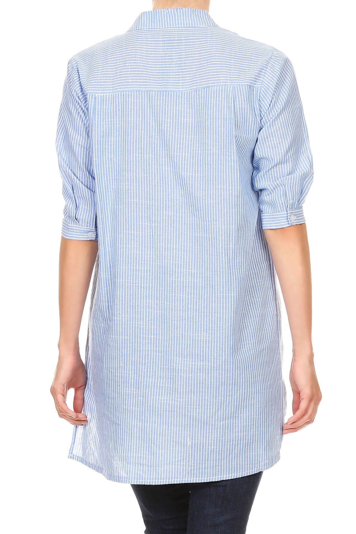 Camisa informal de mujer de tejido Chambray con botones y rayas largas