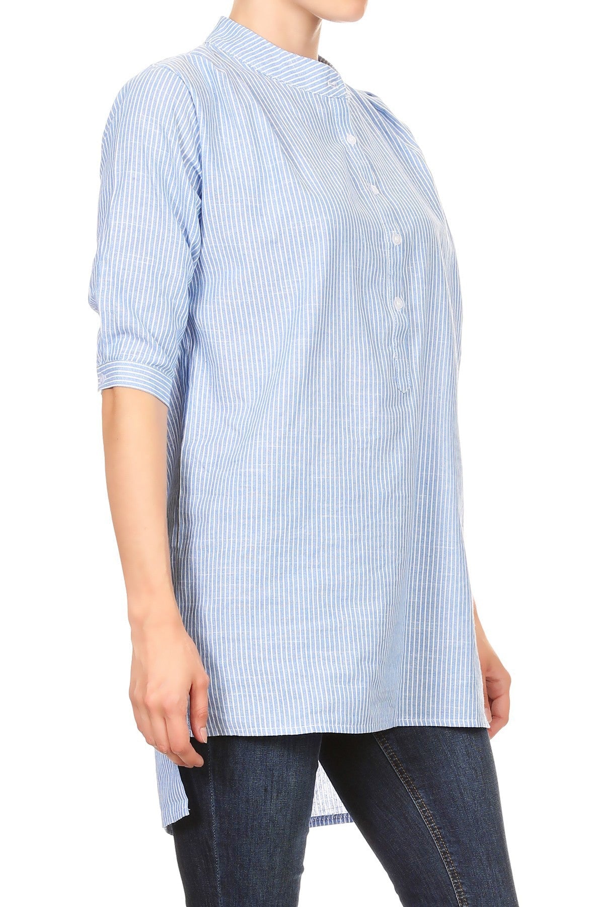 Camisa informal de mujer de tejido Chambray con botones y rayas largas