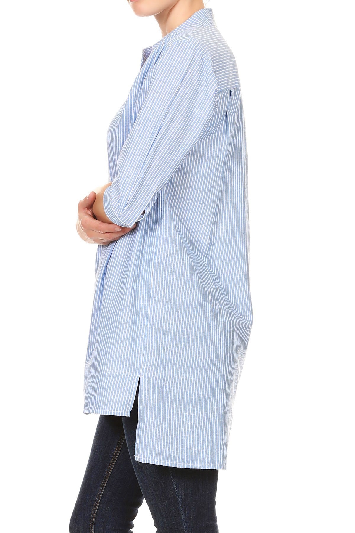 Camisa informal de mujer de tejido Chambray con botones y rayas largas