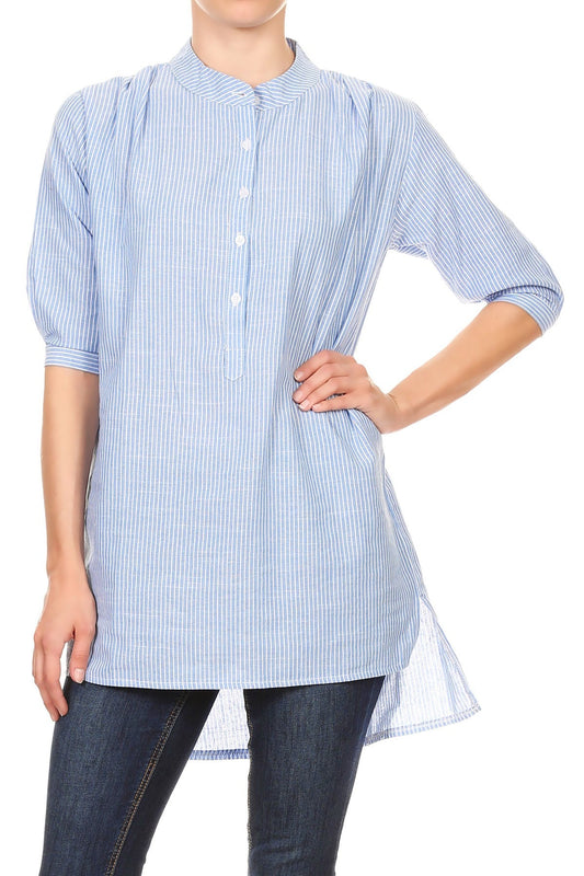 Camisa informal de mujer de tejido Chambray con botones y rayas largas