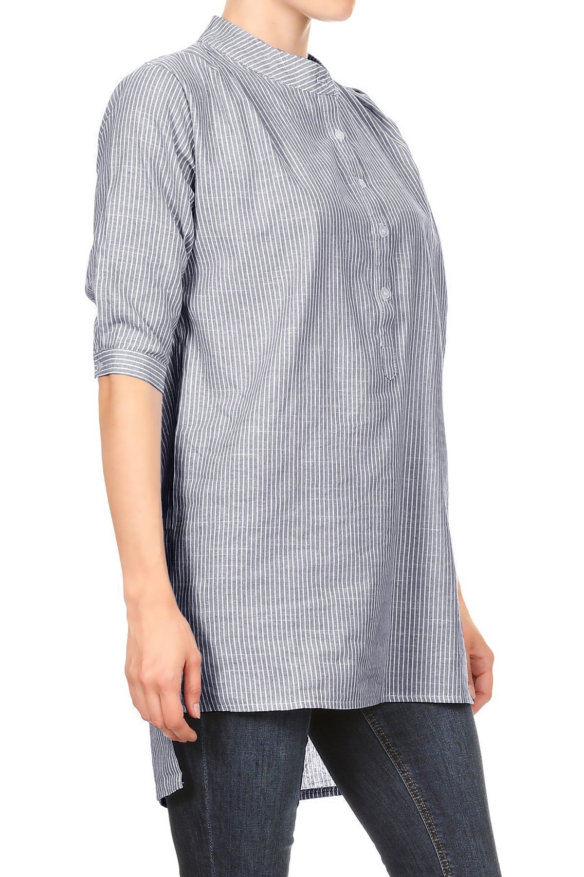 Camisa informal de mujer de tejido Chambray con botones y rayas largas