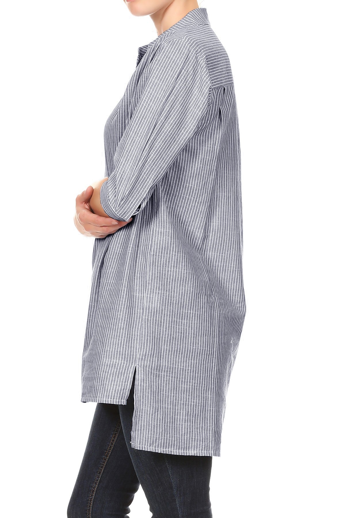 Camisa informal de mujer de tejido Chambray con botones y rayas largas