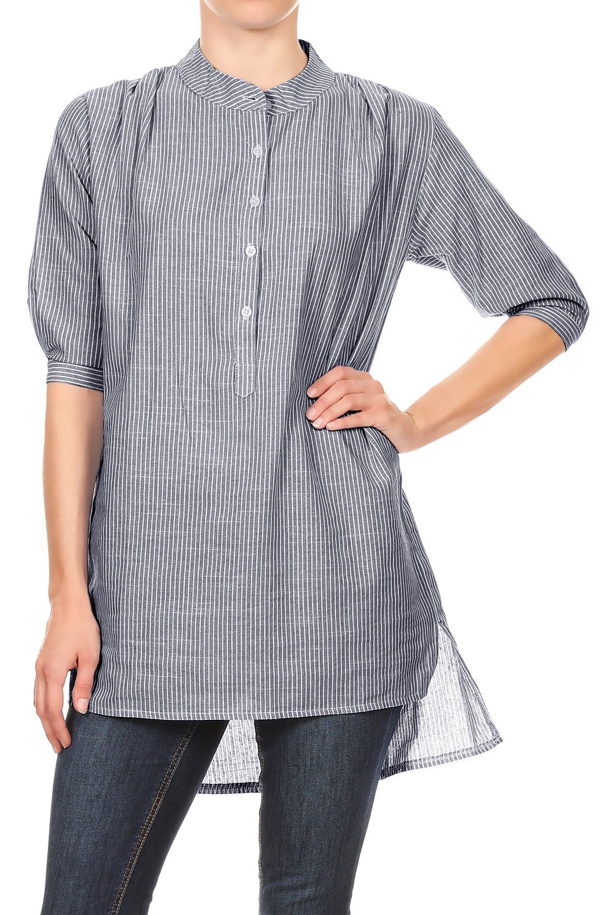 Camisa informal de mujer de tejido Chambray con botones y rayas largas