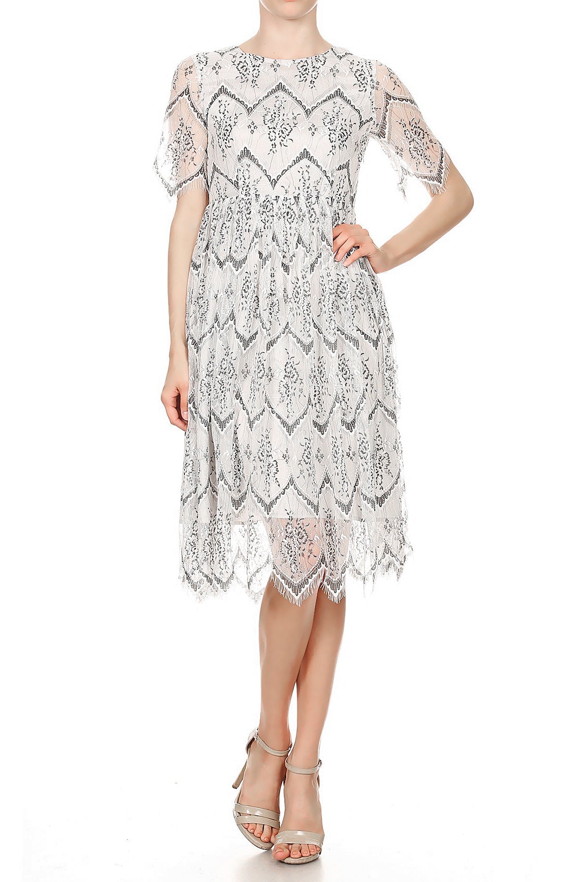 Vestido midi ligero con cremallera suave y encaje floral vintage