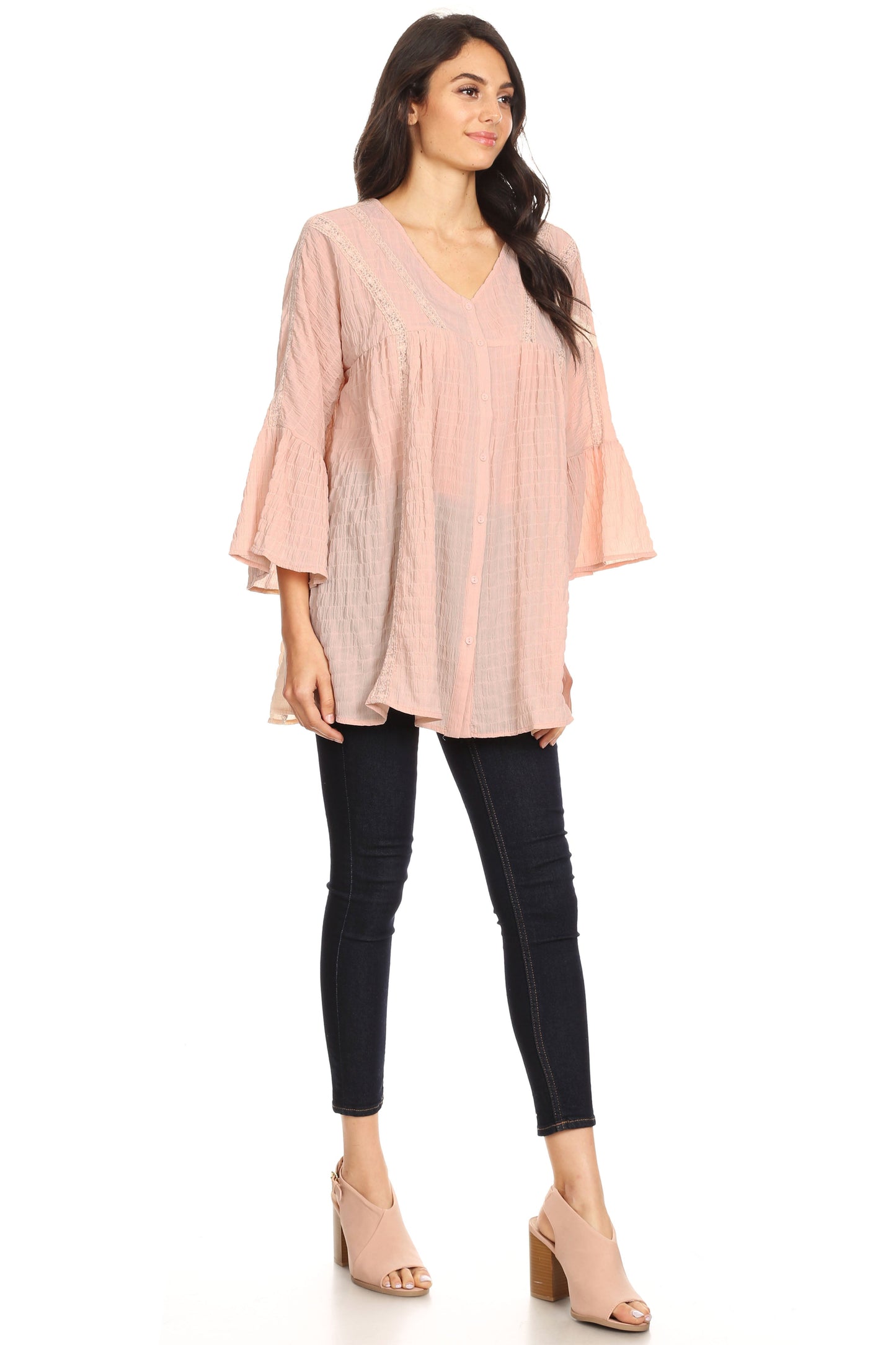 Blusa campesina de mujer con mangas acampanadas 3/4 y botones de crochet tejidos, color malva, talla pequeña