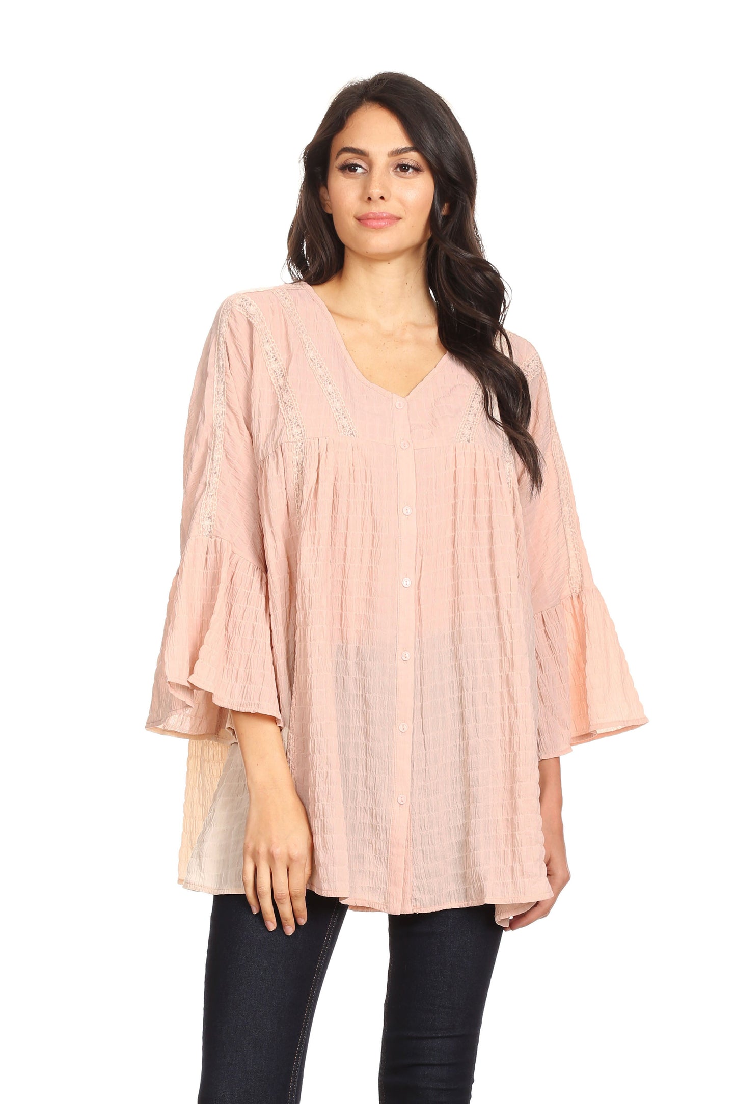 Blusa campesina de mujer con mangas acampanadas 3/4 y botones de crochet tejidos, color malva, talla pequeña