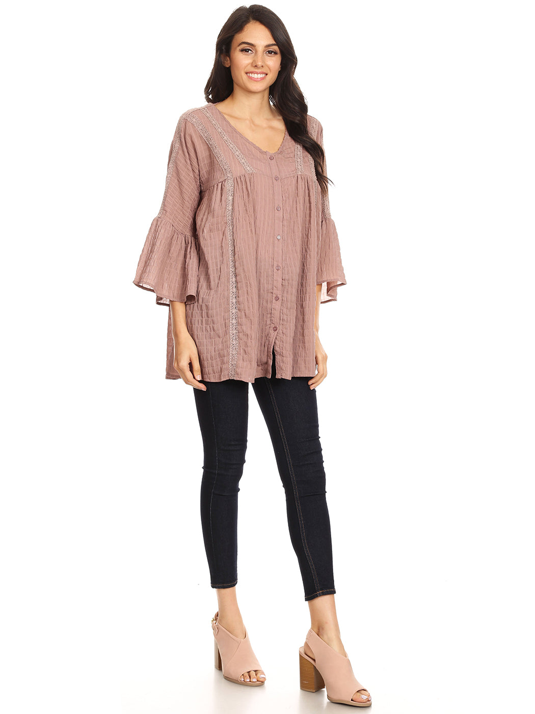 Blusa campesina de mujer con mangas acampanadas 3/4 y botones de crochet tejidos, color malva, talla pequeña