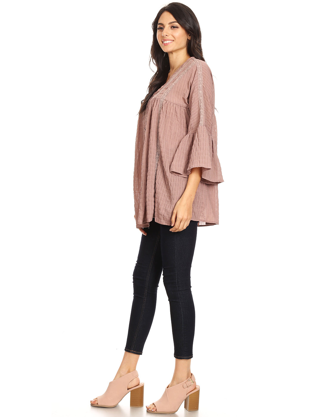 Blusa campesina de mujer con mangas acampanadas 3/4 y botones de crochet tejidos, color malva, talla pequeña