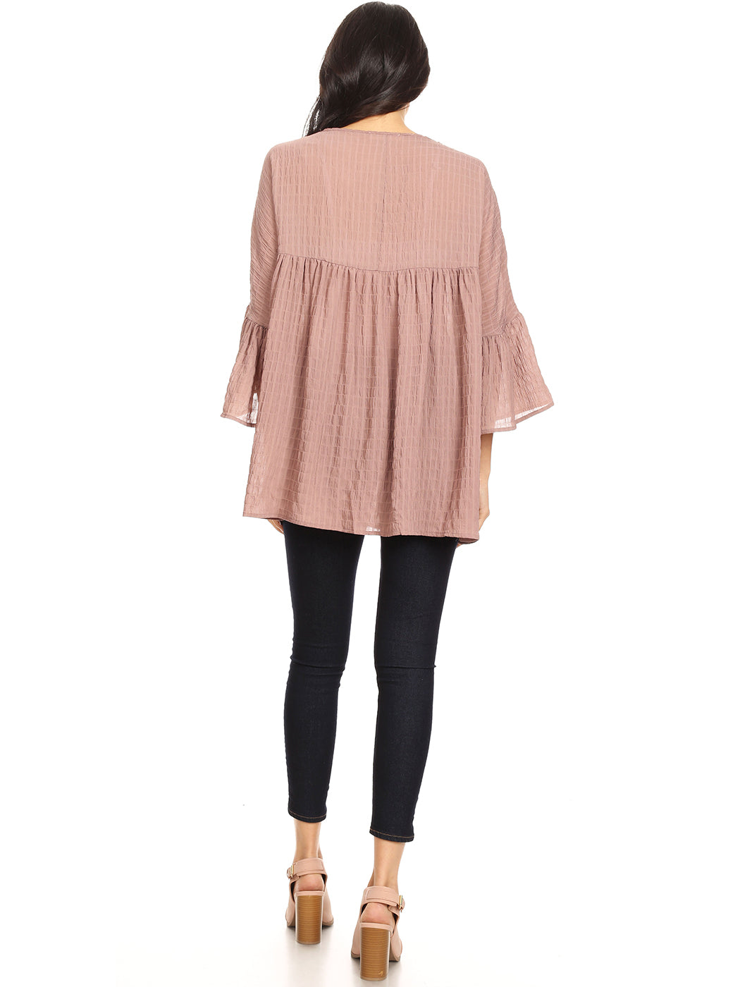 Blusa campesina de mujer con mangas acampanadas 3/4 y botones de crochet tejidos, color malva, talla pequeña